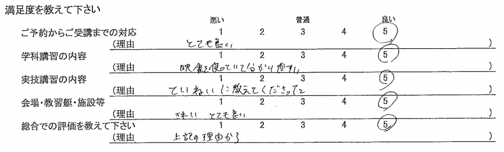 お客様アンケート　船舶免許　お客様の声　ボート免許　ジェット免許　マリンライセンスロイヤル