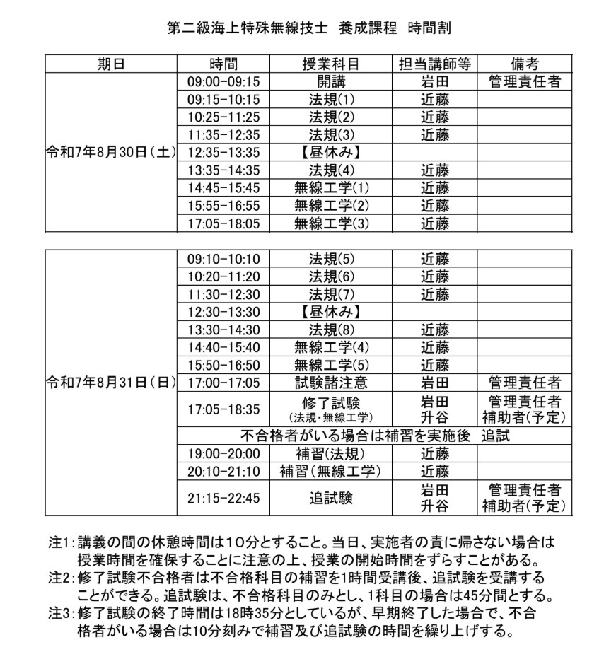 海上特殊無線 岡山 当日の時間割