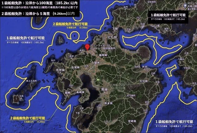 マリンライセンスロイヤル福岡 2級と1級の航行範囲
