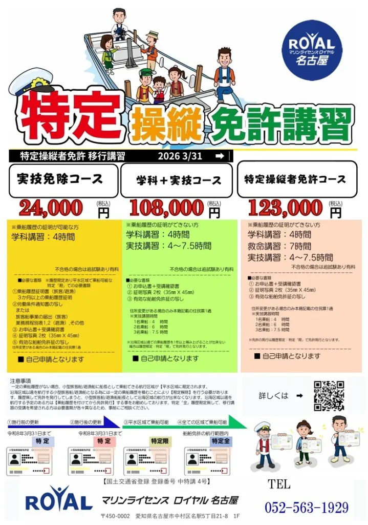 マリンライセンスロイヤル名古屋 特定操縦免許講習 各コースのチラシ
