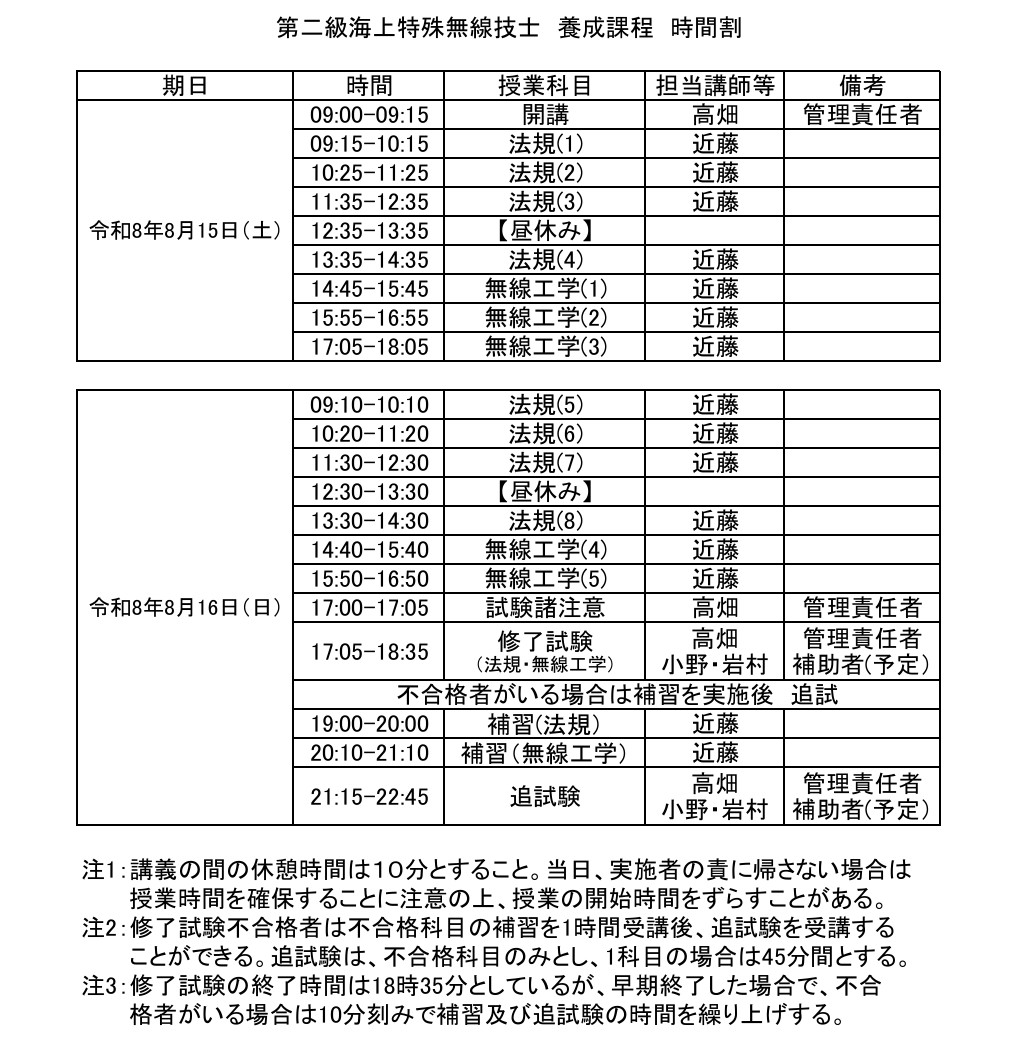 第二級海上特殊無線技士 養成課程 時間割 マリンライセンスロイヤル広島