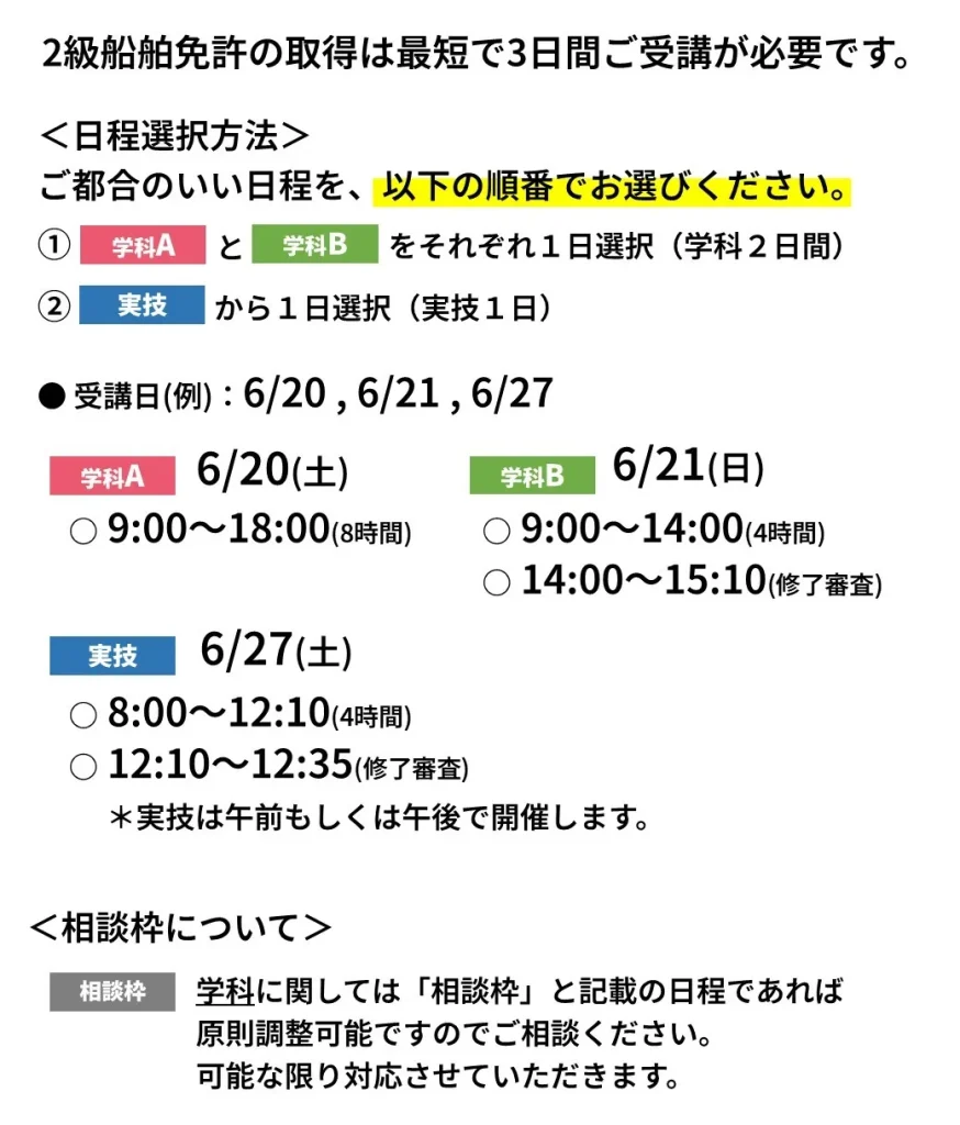 2級船舶免許　日程選択方法