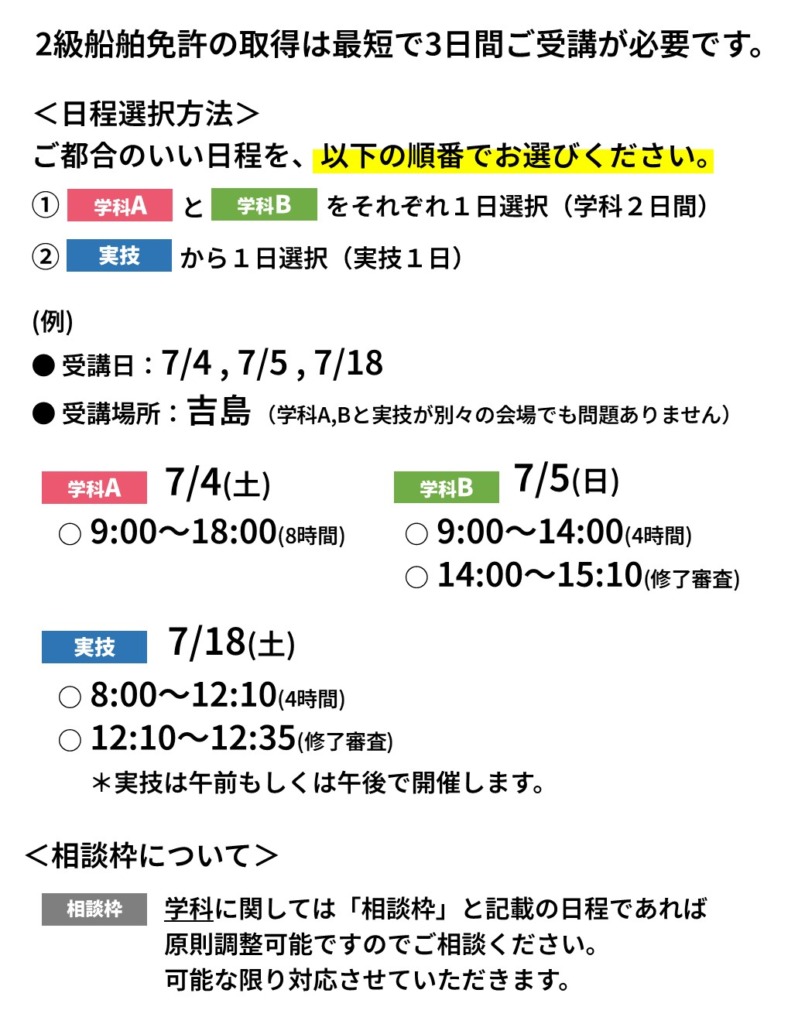2級船舶免許　日程選択方法（7月）