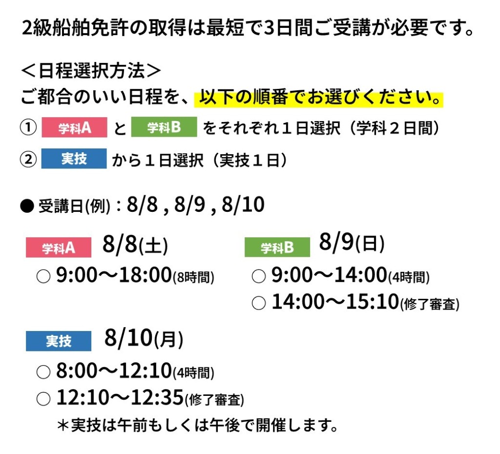 2級船舶免許　日程選択方法